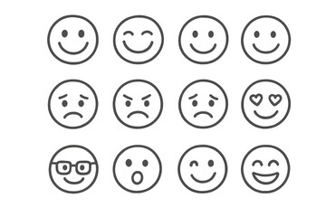 Outline emoticons collection showing various moods and facial expressions like happy, sad, angry, and surprised