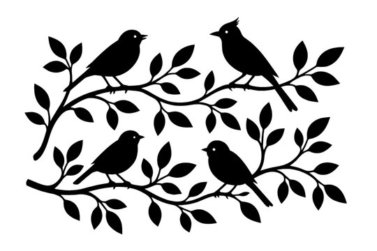 Decorative black and white graphic of four songbirds sitting on leafy tree branches