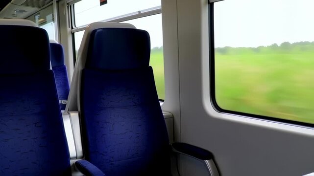 Interior view of a train carriage. Blue seats against a green field backdrop seen through a window