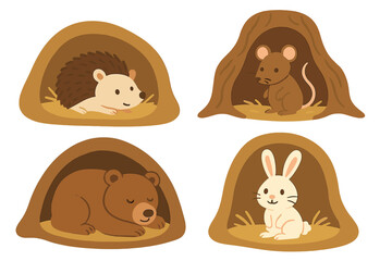 Adorable hedgehog mouse bear and rabbit characters hiding in their cozy winter dens