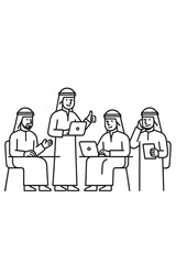 Arab businessmen in traditional attire discussing technology and strategy in a corporate meeting