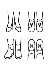 Four pairs of legs wearing various footwear styles including flats, boots, and sneakers