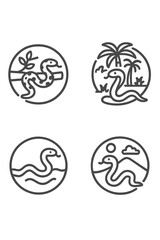 Minimalist snake icons showing reptiles in jungle, water, desert, and tropical habitats