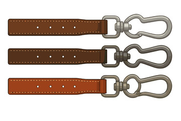 Three different shades of brown leather straps attached to metal swivel snap hooks and clasps