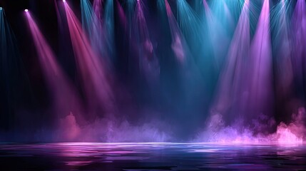 Dark Purple Stage with Dramatic Blue and Violet Spotlights, Abstract Background for Text or Product Presentation.