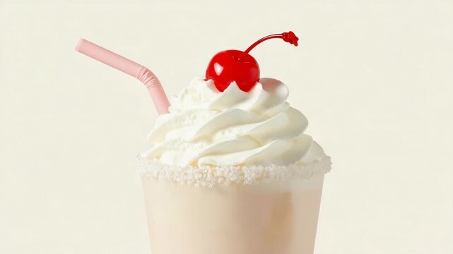 Delicious creamy vanilla milkshake in a glass topped with whipped cream and a red maraschino cherry. Sweet cold beverage with a pink straw isolated on a clean light background.