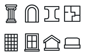 Set of architectural symbols: column, arch, i-beam, floor plan, grid, window, roof, structure