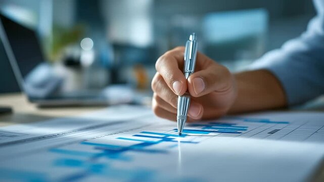 Gantt chart timeline with pen pointing at milestones faceless planning composition defocused office desk background project management visualization professional scheduling too