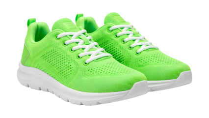 Vibrant neon green athletic shoes on transparent background