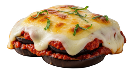 Baked eggplant parmesan with melted cheese and tomato sauce