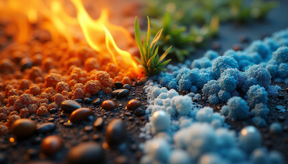 Intense natural elements depicted with burning fiery ground and icy blue crystals side by side.