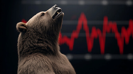 A symbolic bear stands defiant against a backdrop of falling stock values, its stance embodying market turbulence and financial challenges. A stark representation of economic volatility.