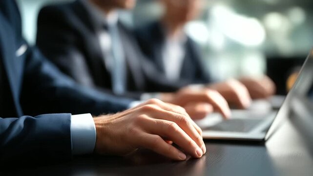 Unrecognizable cropped faceless businesspeople's hands and torsos working at meeting table defocused conference room background collaborative session professional teamwork