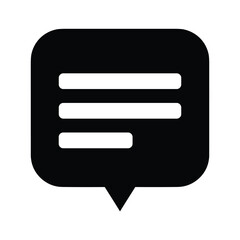 Black chat bubble icon with lines representing text message or communication