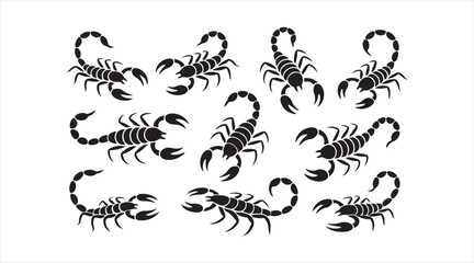 Scorpion silhouette pack displaying stinger tails and claw details for animal design, zodiac art, and nature graphics