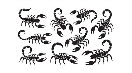 Set of scorpion icon silhouettes with multiple body positions for wildlife graphics, pest symbols, and desert creature illustrations