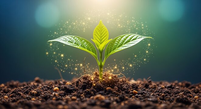 Fototapeta A young green plant sprouts from rich brown soil with glowing golden sparkles surrounding it. Perfect for concepts of growth, renewal, nature, and environmental themes.