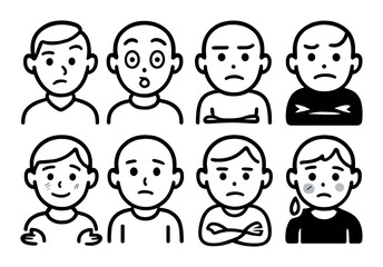 Cartoon faces displaying varied emotions: male characters in different emotional states