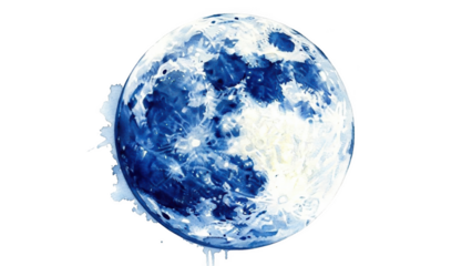 Blue watercolor moon with splatters on black background