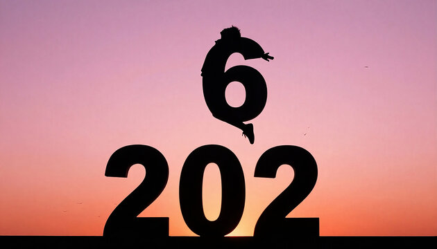 Happy New Year 2026 banner with person leaping while holding the number 6, positioned above the larger numbers 202 against a vibrant sunset backdrop, created with generative ai