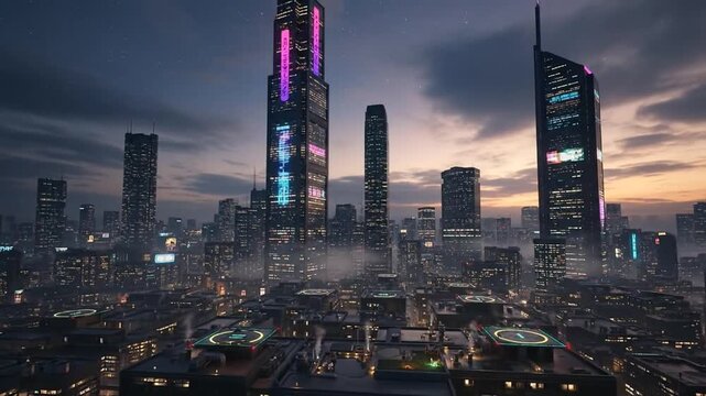 Futuristic cityscape with glowing skyscrapers and helipads at dusk, aerial view of a modern