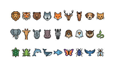 Naklejka premium Colorful animal icons set: lion, tiger, bear, wolf, fox, dog, cat, elephant, giraffe, owl, snake