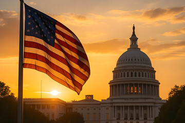 U.S. Capital and American Flag at Sunset
