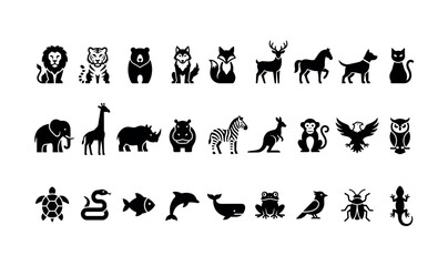 Naklejka premium Silhouetted animal icons collection featuring diverse wildlife