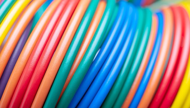 Close-up of vibrant, colorful electrical wires bundled and curving diagonally