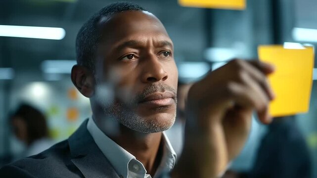 Faceless serious African American businessmen managing project tasks on sticky notes defocused office wall background collaborative planning session professional organization
