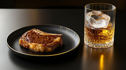 Indulge in a culinary experience: A perfectly grilled steak served on a stylish plate next to a refreshing beverage, embodying luxury and refinement, a perfect meal.