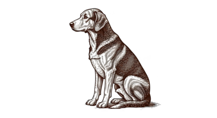 Engraved dog sitting profile dark background animal