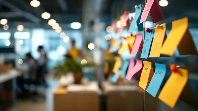 Kanban wall with colorful sticky notes and progress indicators faceless workspace view defocused collaborative office background agile project management team efficiency visual