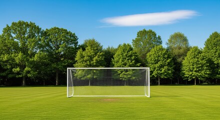 A white soccer goal stands on a lush green field surrounded by tall trees under a blue sky. Perfect for sports content, team activities, and outdoor recreation themes.