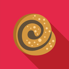 Cinnamon roll pastry with swirl and sugar icing, featuring a long shadow on red background