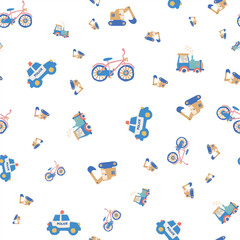Cars and Construction Vector Seamless Pattern Vehicles Pattern Seamless Vector Design with Diggers, Bikes Excavators
