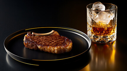 Indulge in a lavish night. A succulent steak cooked to perfection served on a sleek plate with a glass of aged whiskey. Perfect for celebrating special moments.