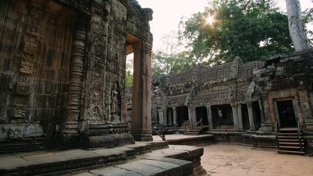 Ancient stone ruins of the ta prohm temple complex in angkor wat,a unesco world heritage site, in the cambodian jungle, Siem Reap. Archeology concept .
