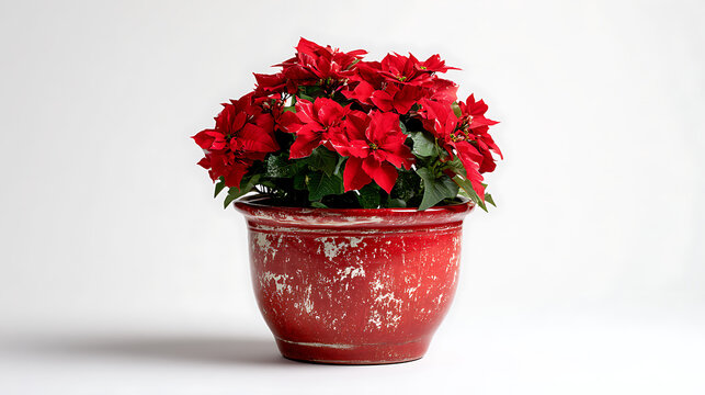A Red Poinsettia Flower Christmas Bouquette in a Red flower Pot with White Background