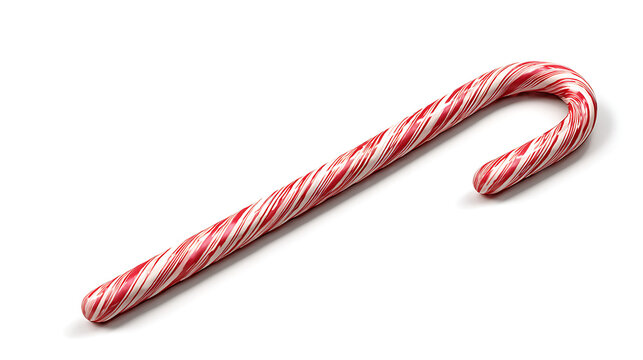 A single red and white candy cane 3D rendering with a pure white background, minimalistic composition
