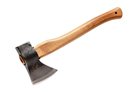 A wooden handled axe used for outdoor activities and wood chopping