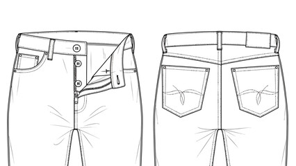 Detailed technical fashion illustration of classic denim jeans, showcasing front and back views with an open fly, ideal for apparel design and pattern development blueprints