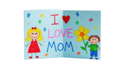 Kids drawing I love Mom on a blue card kids art greeting card