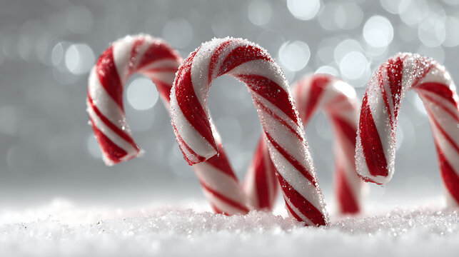 Candy cane in snow, red and white striped , shiny, white background, bokeh, christmas theme