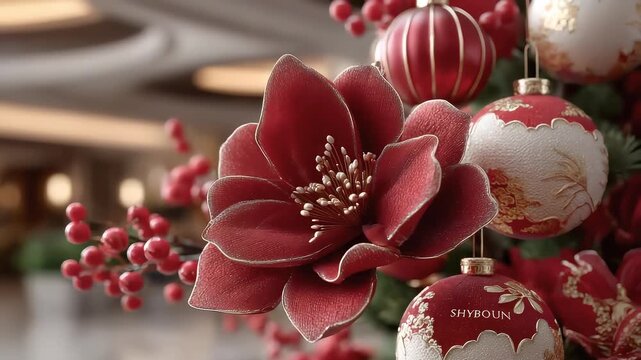 Sparkling Christmas Decorations Close-up Festive Flowers and Ornaments
