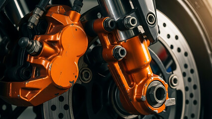 Close up of a vibrant orange motorcycle brake caliper and silver disc