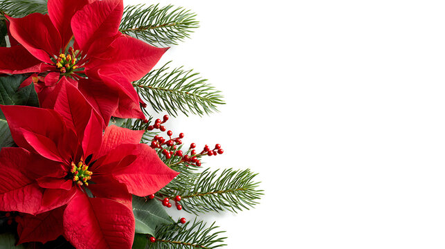 Christmas poinsettia and fir sprigs isolated on white background