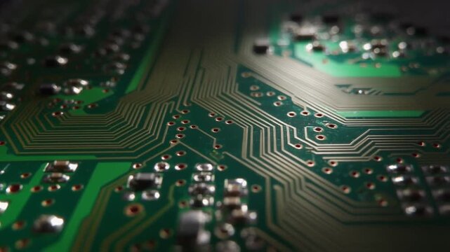 Close-up of a green printed circuit board with intricate pathways and components.
