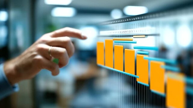 Faceless project manager's hand pressing virtual screen button defocused office background updating tasks with milestones progress Gantt chart scheduling diagram professional
