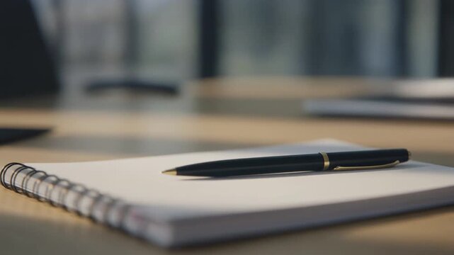 Close-up of a pen resting on a notepad on a wooden desk.
